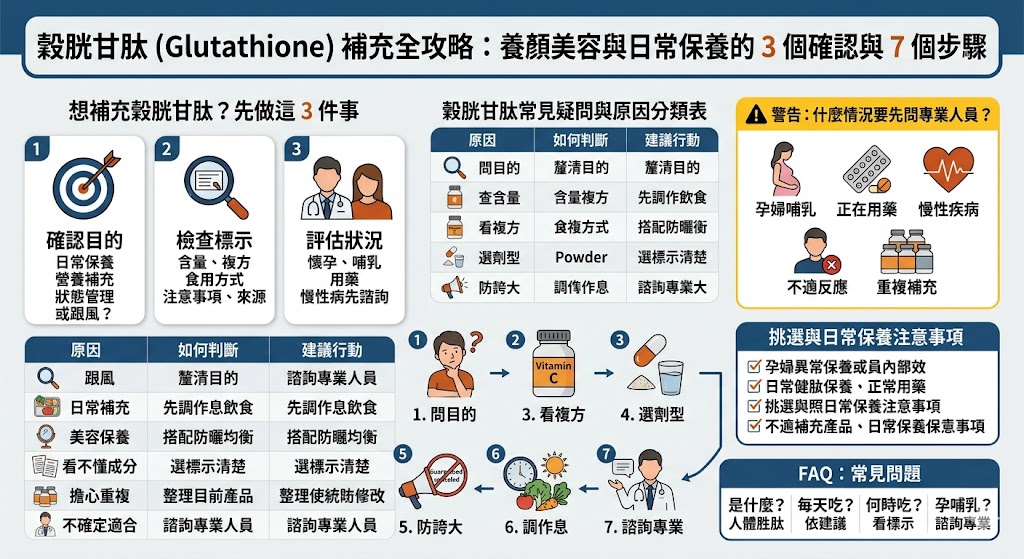 穀胱甘肽是近年常見於日常保養與美容保健中的熱門成分,但在補充穀胱甘肽前,建議先了解自身需求、產品標示、複方成分與食用注意事項。本文整理穀胱甘肽的常見疑問、挑選重點、補充前排查流程,以及哪些族群需要先諮詢專業人員,幫助你用更安全、理性的方式判斷是否適合補充。