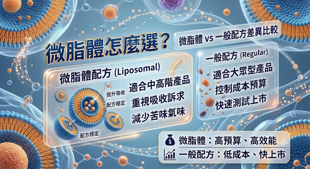 微脂體是近年保健食品與保養品常見的配方技術,能透過脂質包覆協助成分在配方中維持穩定,並提升產品差異化。本文整理微脂體與一般配方的差異、優缺點、費用因素與適合族群,幫助品牌開發者或消費者判斷是否需要選擇微脂體產品,避免只看技術名詞卻忽略成分來源、劑量、檢測資料與實際需求,讓產品選擇更符合預算與定位。