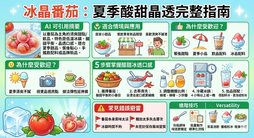 冰晶番茄是一款兼具清爽酸甜、冰涼口感與晶透視覺的特色甜點,可應用於飲品配料、餐後小品、冰品與季節限定菜單。想做好冰晶番茄,關鍵在於挑選酸甜平衡的小番茄,掌握糖酸比例、冰鎮時間與保存方式,讓番茄吃起來不只冰涼,還能保有果香、層次與清爽尾韻。本文整理冰晶番茄的做法、常見錯誤與應用技巧,適合居家製作與餐飲品牌開發新品參考。